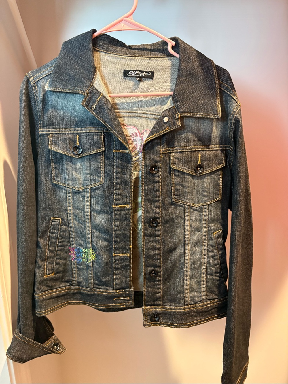 Ed Hardy Distressed Blue Denim Jacket with Multicolor Embroidery